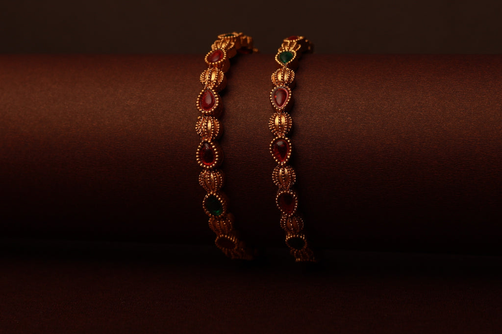 Regal Gold-Plated Bangles with Ruby &amp; Emerald Accents