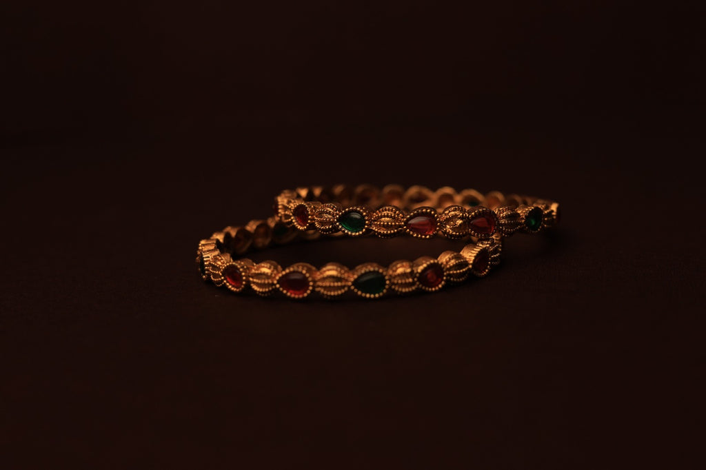 Regal Gold-Plated Bangles with Ruby &amp; Emerald Accents