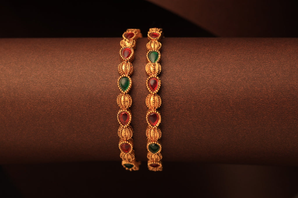 Regal Gold-Plated Bangles with Ruby &amp; Emerald Accents