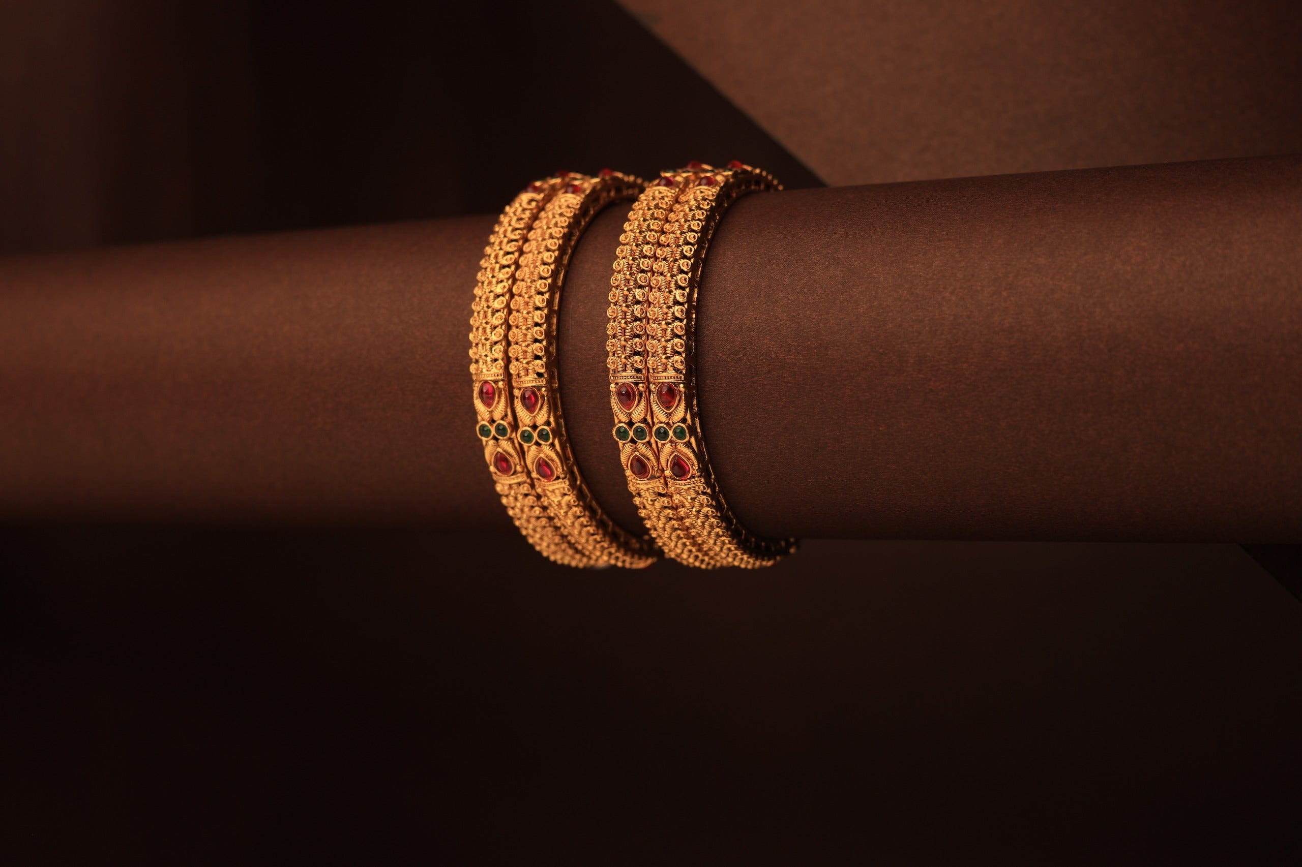 Royal Antique Gold Bangles with Ruby &amp; Emerald Stones – Handcrafted Traditional Design