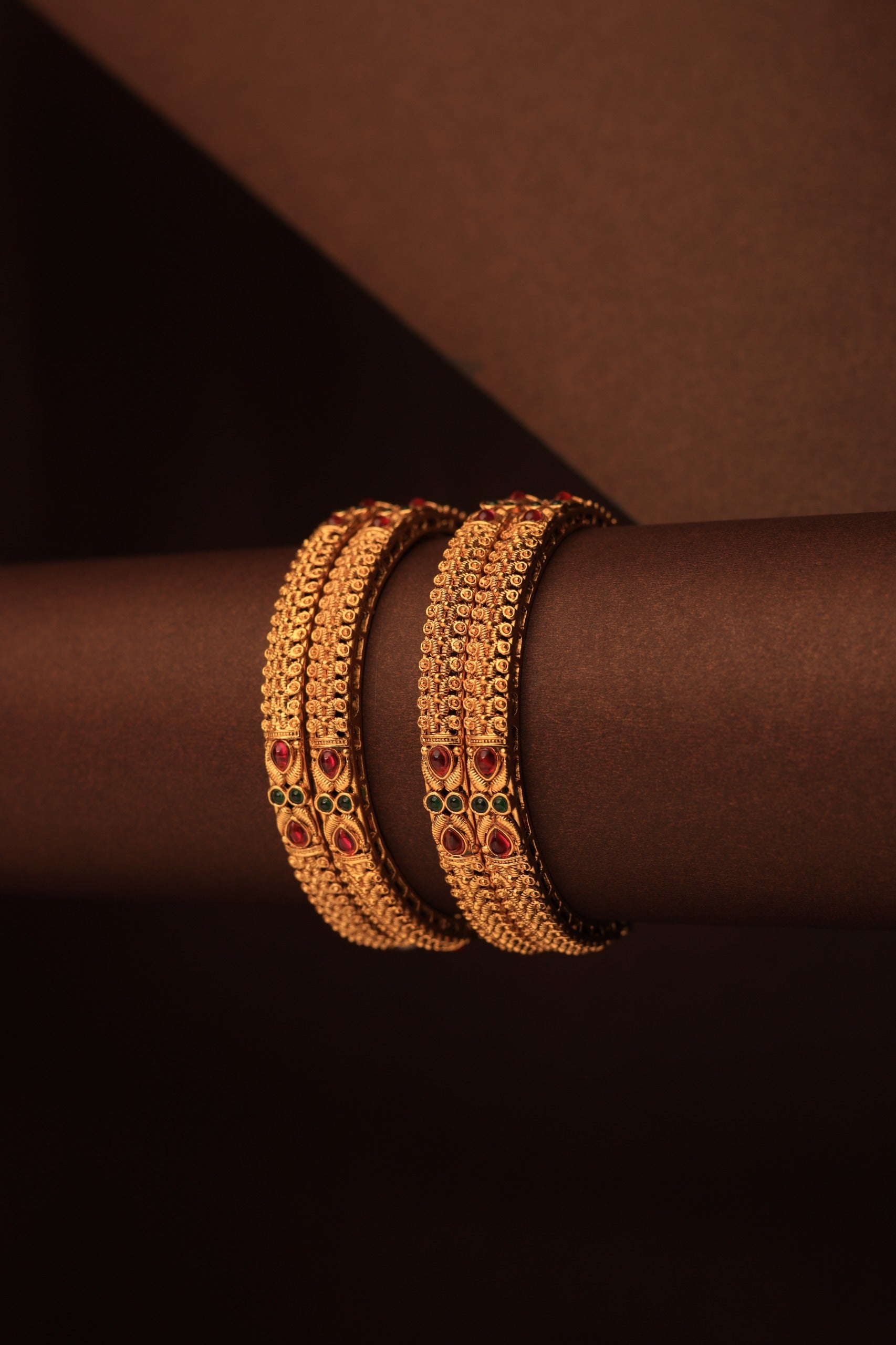 Royal Antique Gold Bangles with Ruby &amp; Emerald Stones – Handcrafted Traditional Design