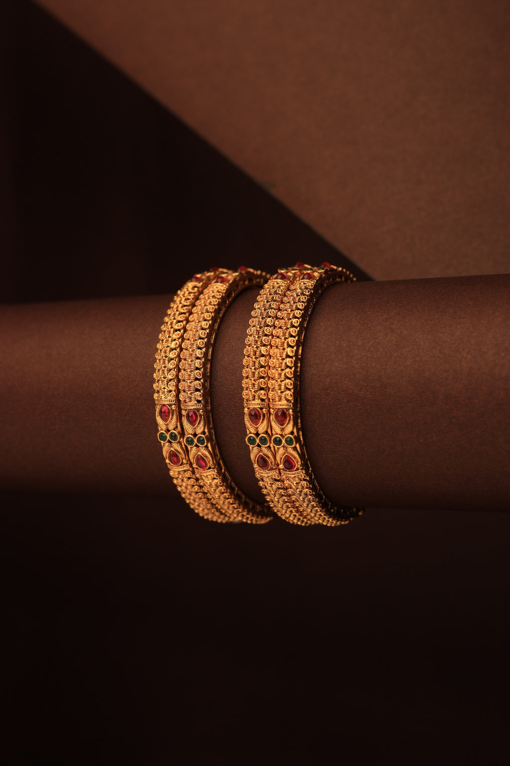Royal Antique Gold Bangles with Ruby &amp; Emerald Stones – Handcrafted Traditional Design