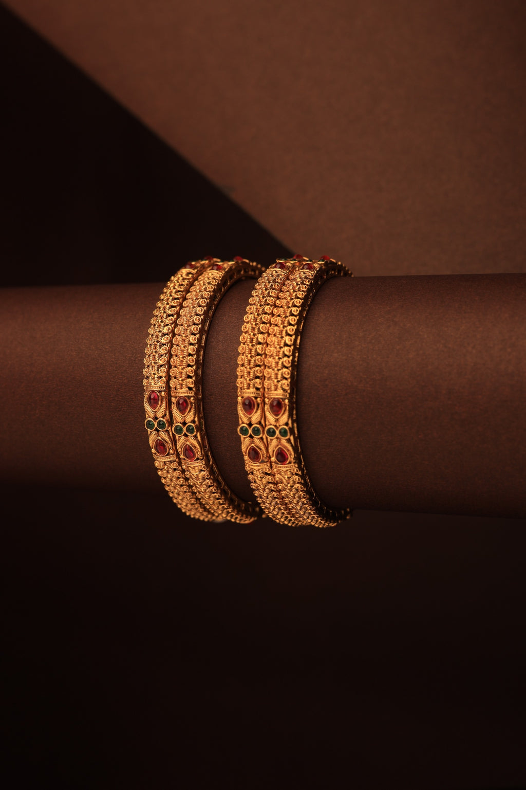 Royal Antique Gold Bangles with Ruby &amp; Emerald Stones – Handcrafted Traditional Design
