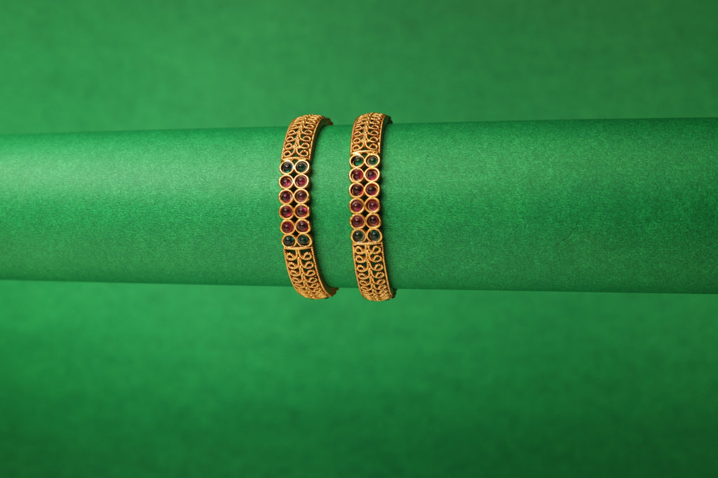 Graceful Heritage Bangles – Ruby &amp; Emerald Elegance