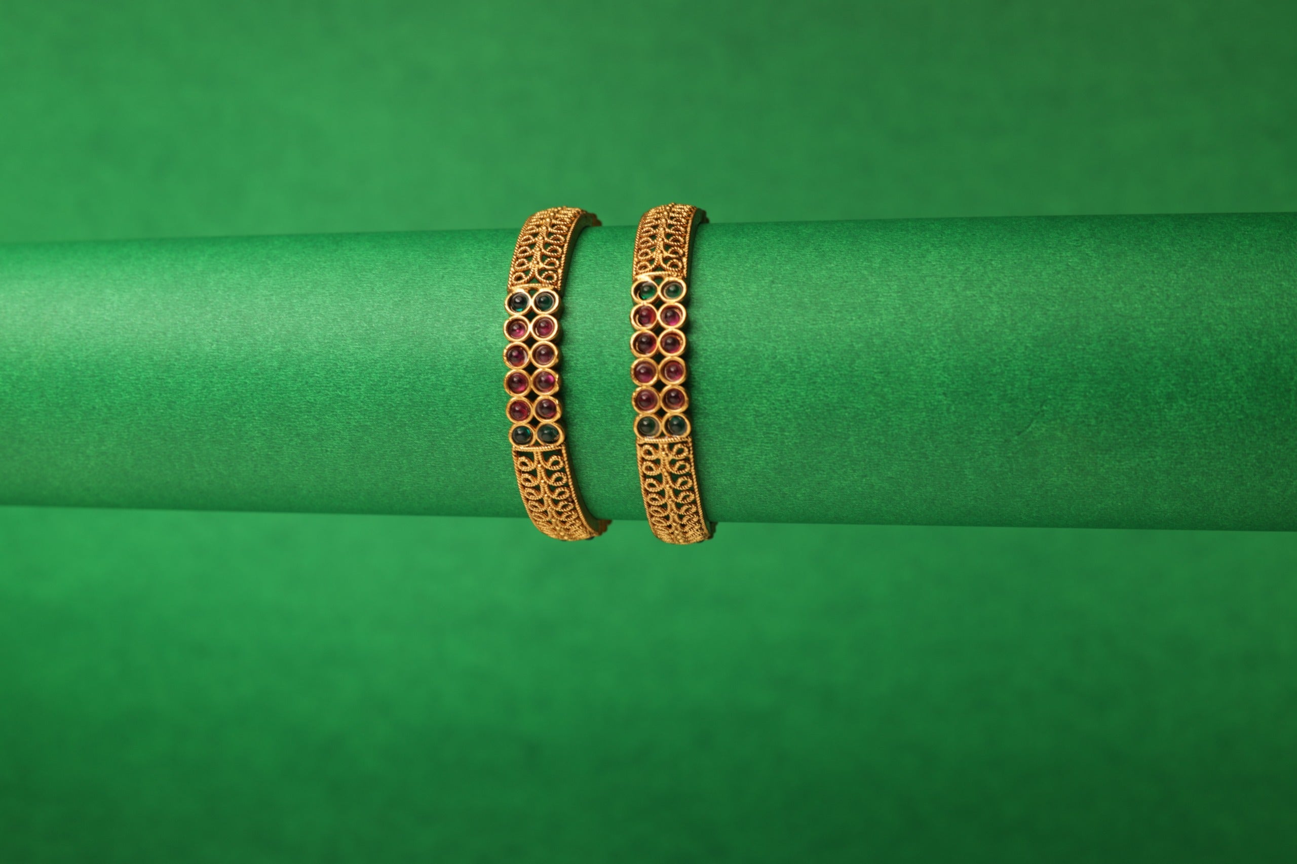 Graceful Heritage Bangles – Ruby &amp; Emerald Elegance