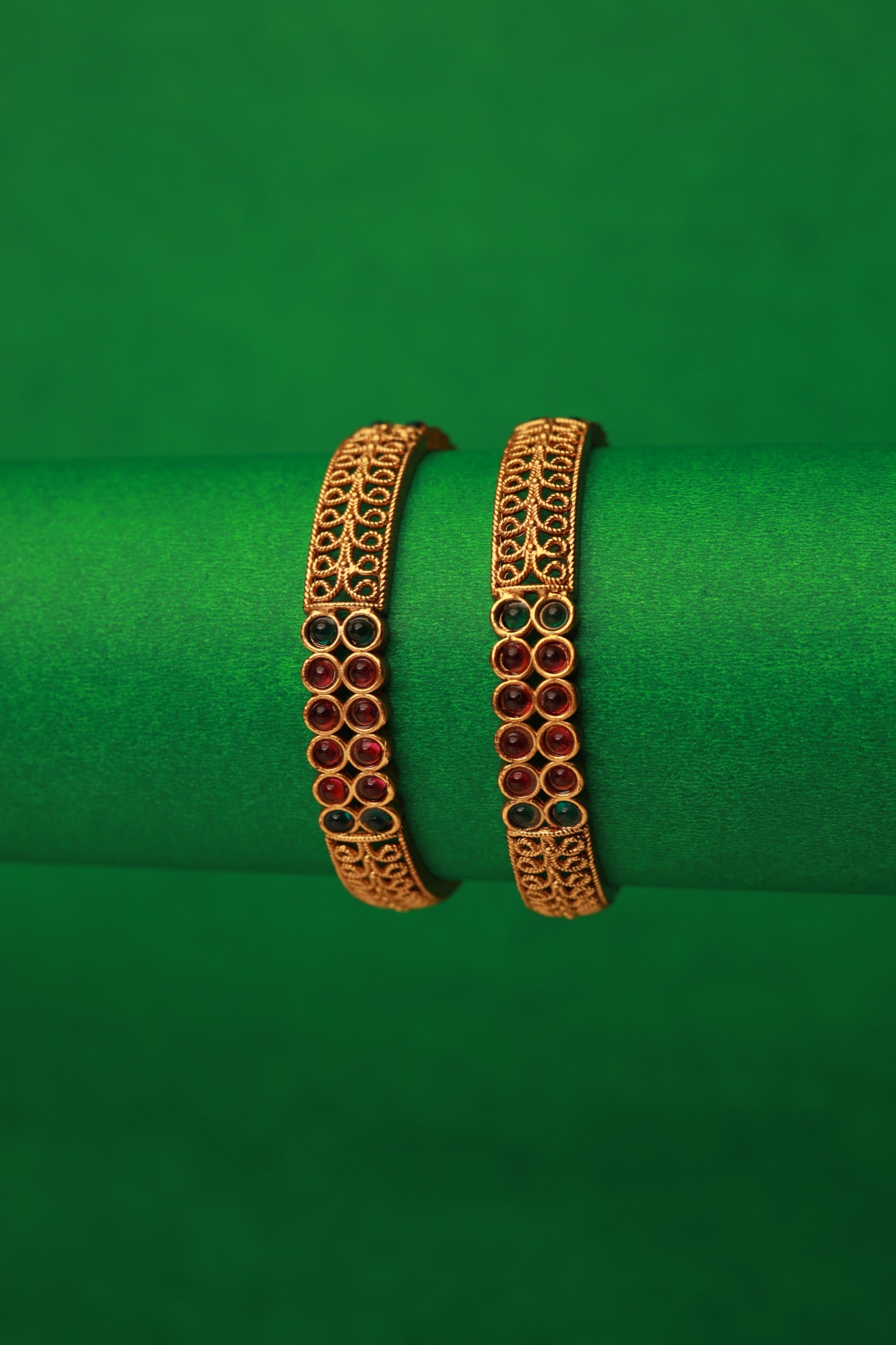 Graceful Heritage Bangles – Ruby &amp; Emerald Elegance