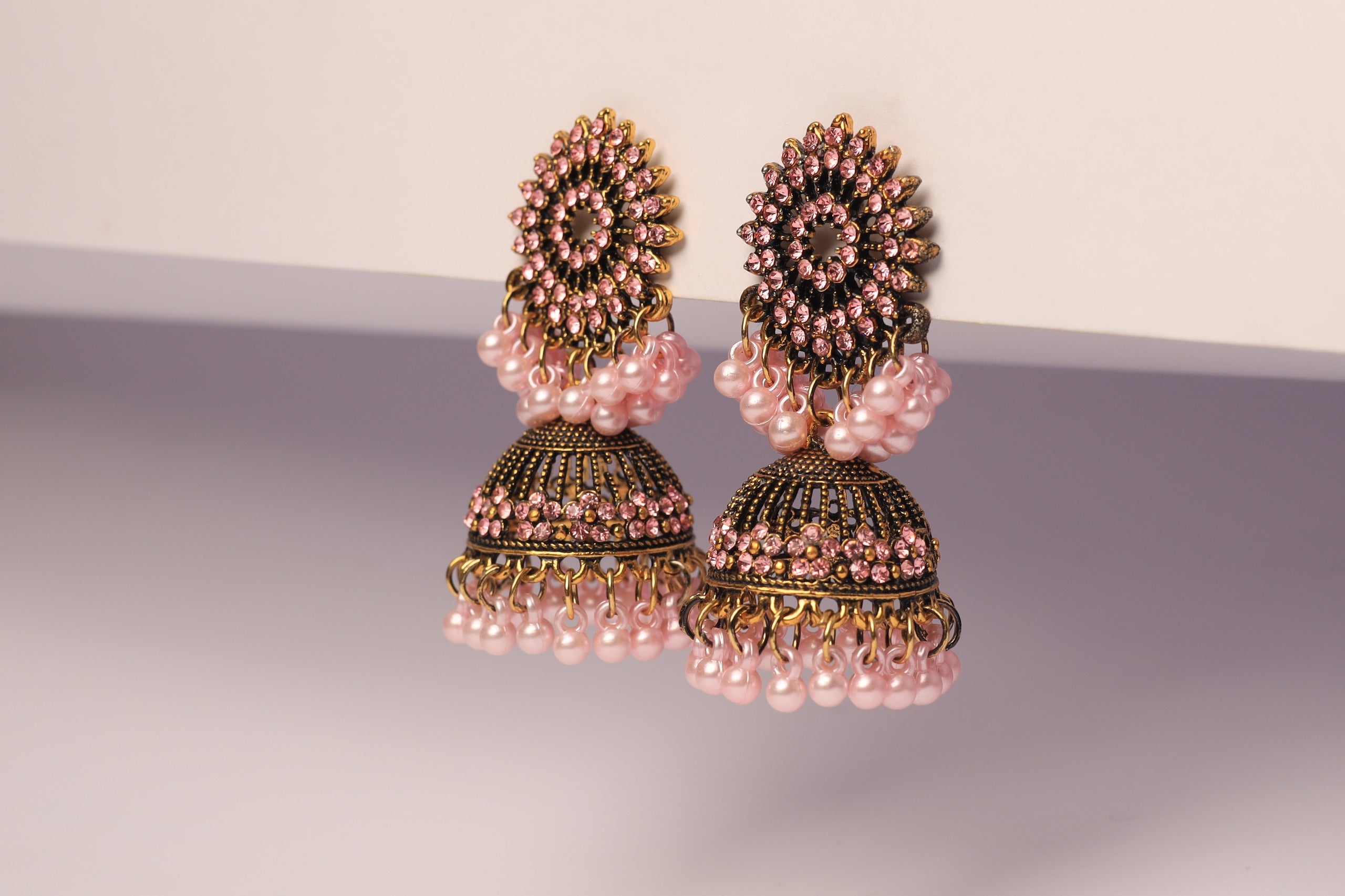 Pink Crystal Jhumka Earrings