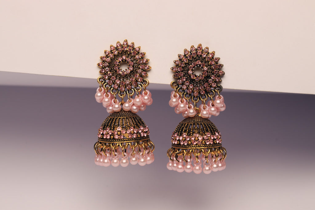 Pink Crystal Jhumka Earrings