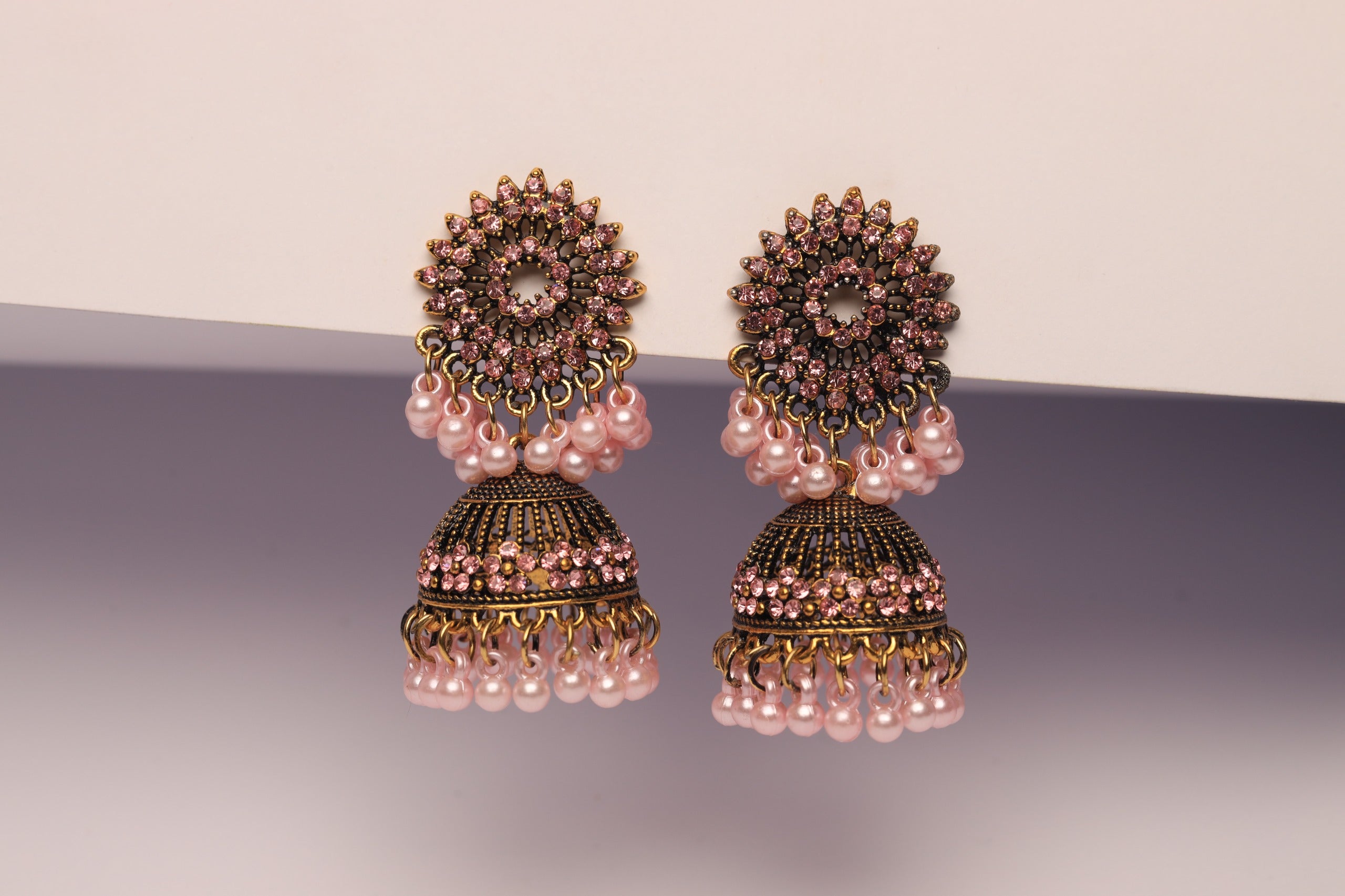 Pink Crystal Jhumka Earrings