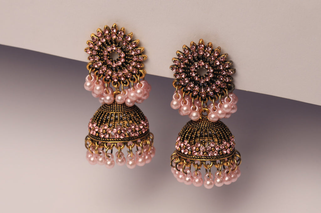 Pink Crystal Jhumka Earrings
