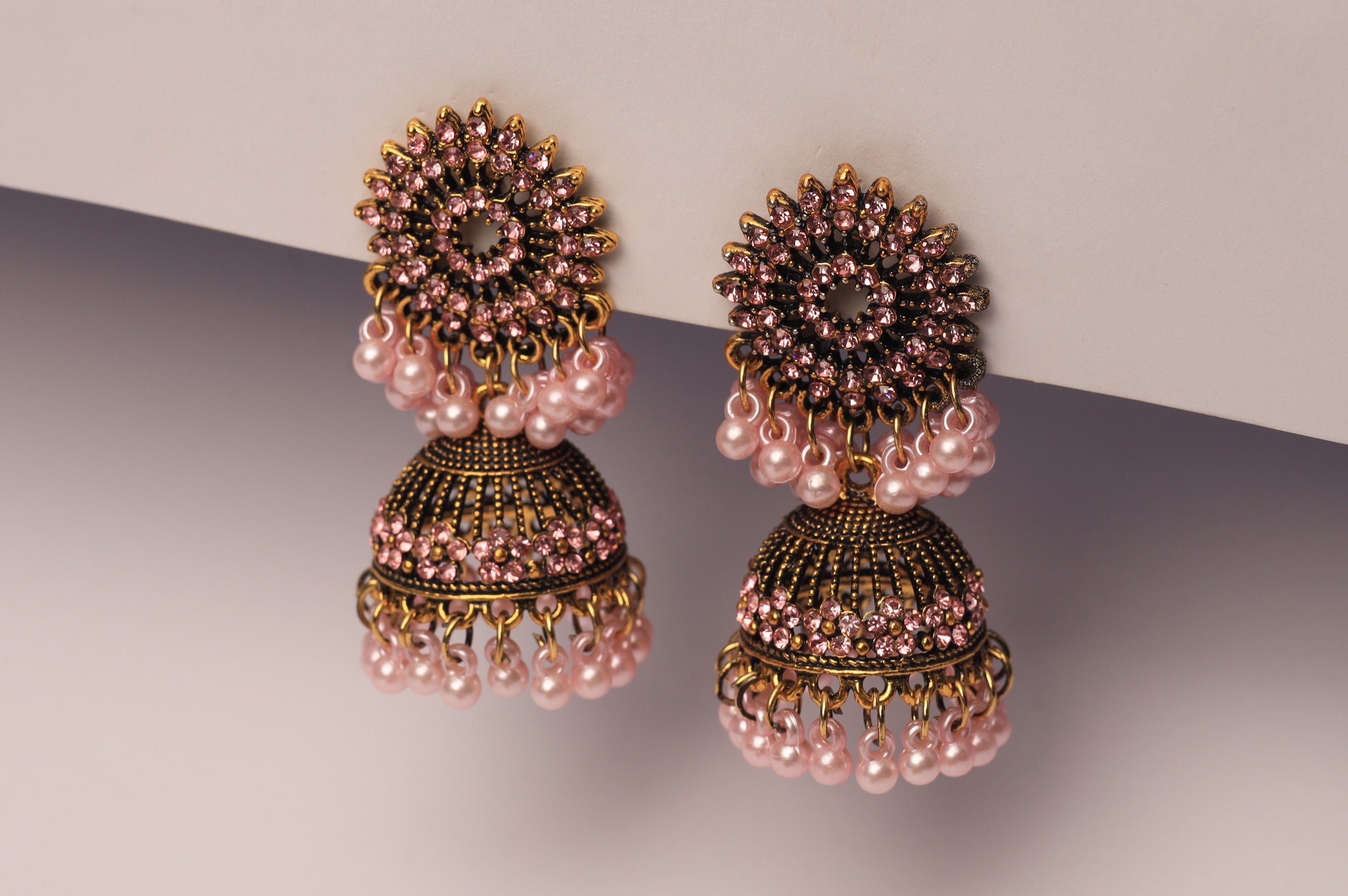 Pink Crystal Jhumka Earrings