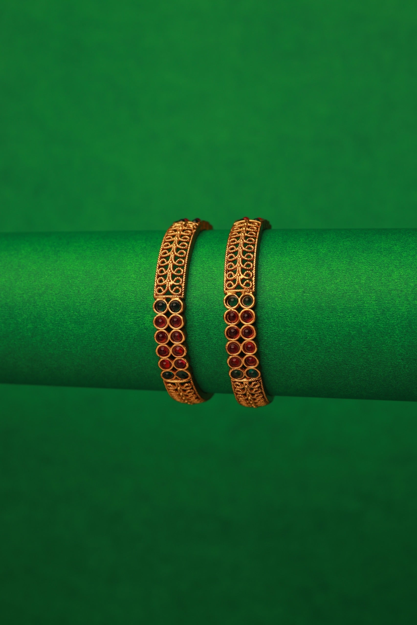 Graceful Heritage Bangles – Ruby &amp; Emerald Elegance