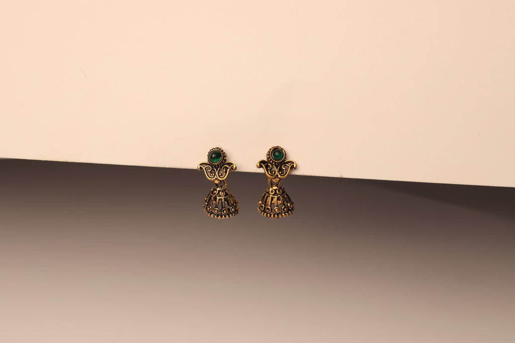 Royal Antique Jhumkas – Green Stone Charm