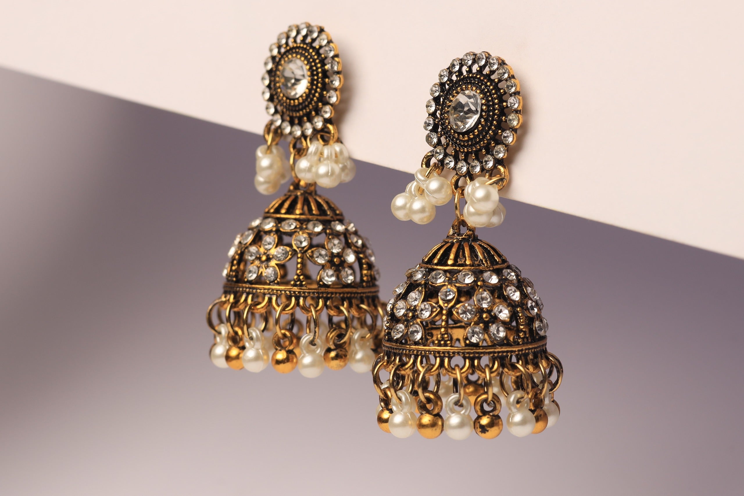 Classic Pearl &amp; Stone Jhumka Earrings