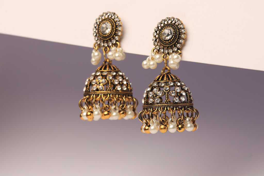 Classic Pearl &amp; Stone Jhumka Earrings