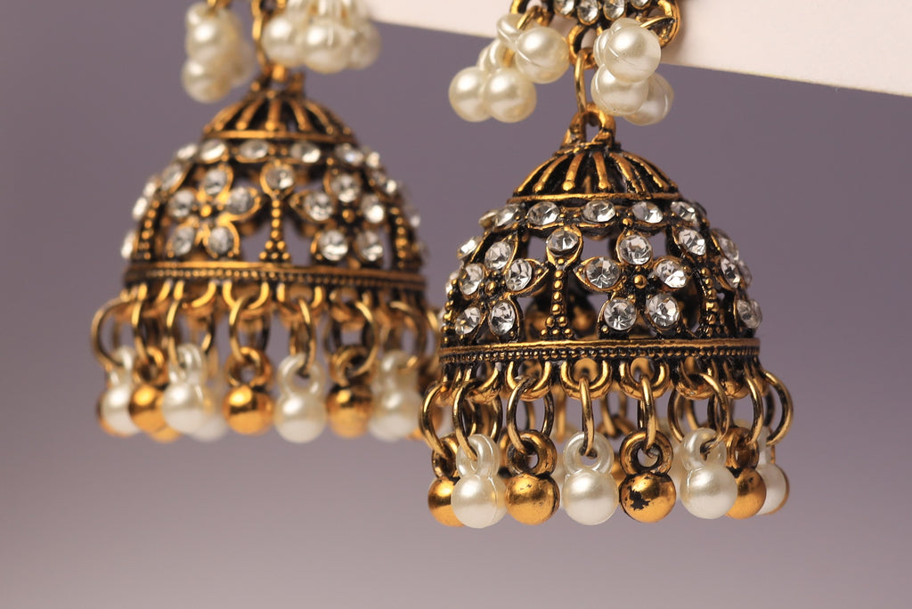 Classic Pearl &amp; Stone Jhumka Earrings